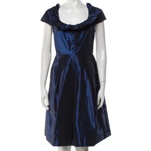 Teri Jon by Rickie Freeman Scoop Neck Navy Satin Ruffle  Dress, size 8